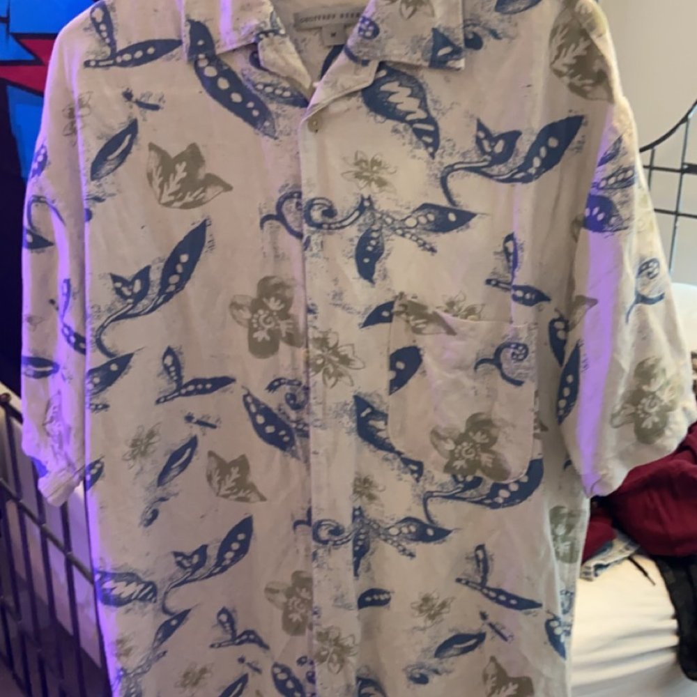 White graphic summer button up shirt